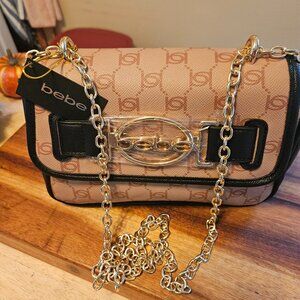 Bebe Leilani printed logo monogram shoulder bag with gold chain brand new